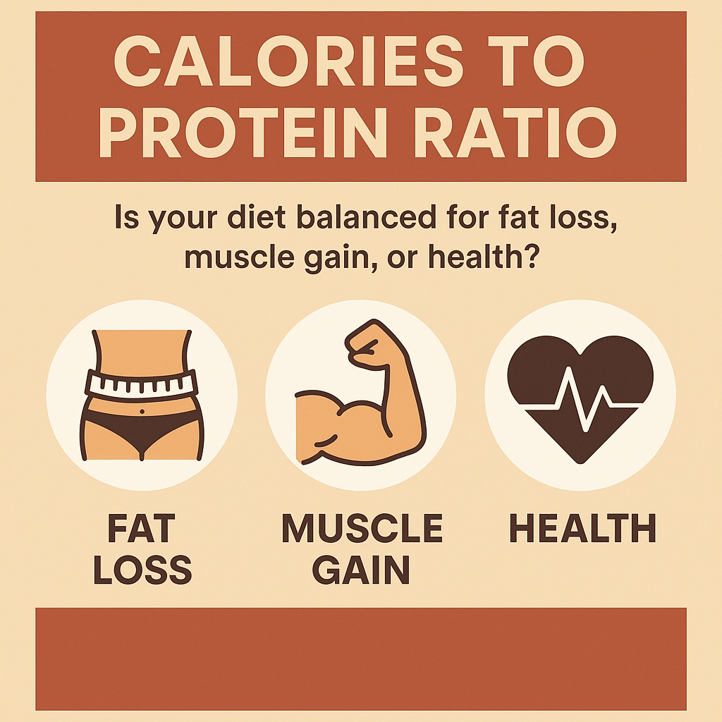 Calories to Protein Ratio infographic showing ideal ratios for fat loss, muscle gain, and balanced nutrition